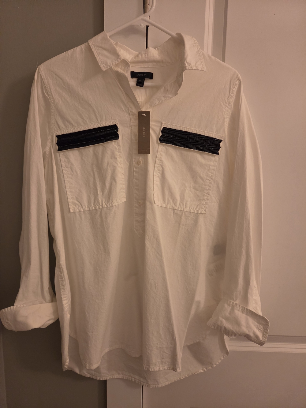 J. Crew White Popover Blouse With Black Beaded Fringe Pockets NWT